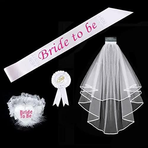 MARGOUN 1 Set white Bride To Be Sash Veil Bachelorette Party Girls Bridal Shower Kit Decoration Bride Veil Glasses Etiquette Belt Set (Pink)