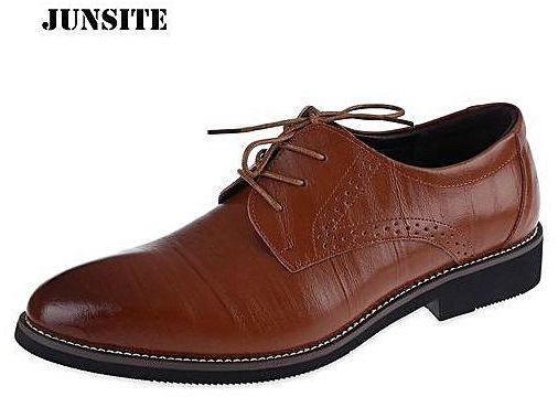 Generic Junsite Men Casual Brogues Pointed Toe Lace Up Leather Shoes Business Dress Oxfords Flats - DEEP BROWN