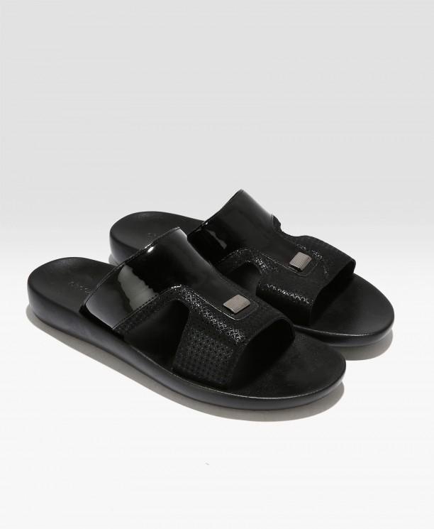 Black Leather Slider Sandals