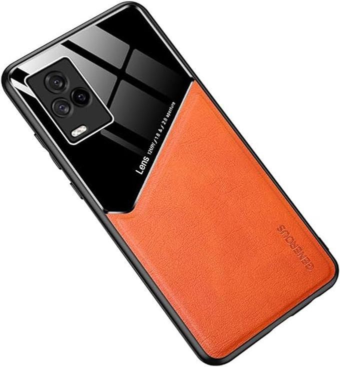 Dl3 Mobilak Luxury Case For Vivo V21e 4G/Y73 2021, Ultra-Thin Soft TPU Frame, Back Leather Mixed Double+Plexiglass Protective Cover With Built-in Car Magnetic - Orange