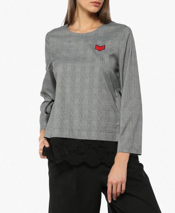 Grey Checked Lace Panelled Top
