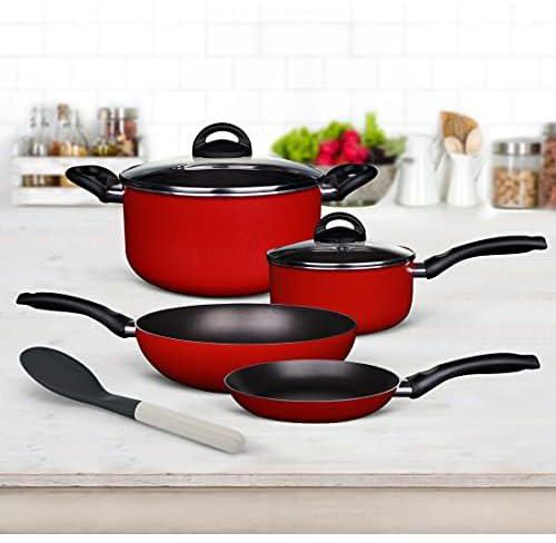 Rossetti® Rosso 7 Piece Made in Italy Cookware Set 24cm Non-Stick Casserole + 20cm Non-Stick Sauce Pan + 24cm Non-Stick Wok + 22cm Non-Stick Frying Pan + Spoon Server, PFOA-free Red Cookware Set