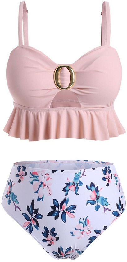 Peplum Hem Floral O Ring Cut Out Plus Size Tankini Swimsuit - 3x