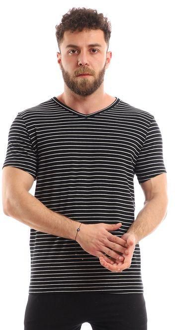 Kady Striped T-shirt And Solid Shorts Pajama Set - Multicolour Black & White
