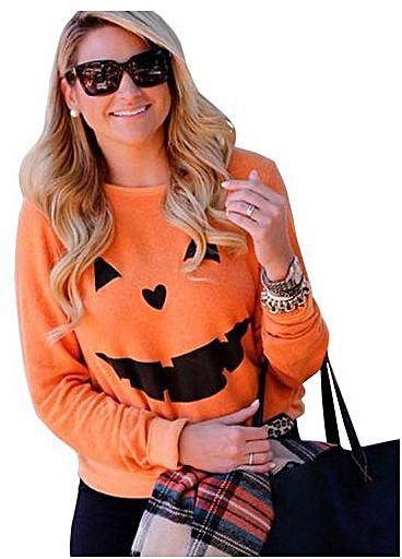 Women Halloween Pumpkin Long Sleeve Pullover Sweatshirt Tops Blouse Shirt