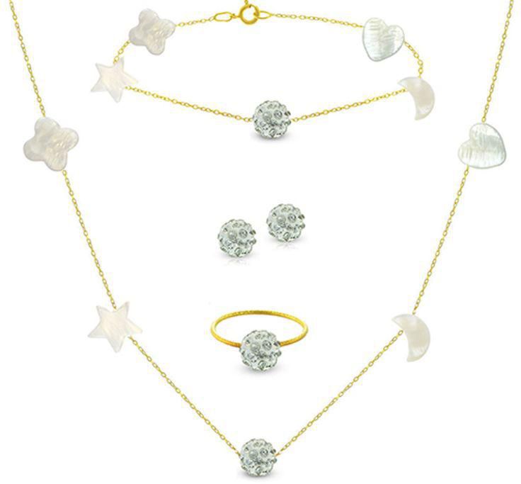 10 Karat Yellow Gold Gradual Built In Mother Of Pearl And Crystal Ball Jewellery Set