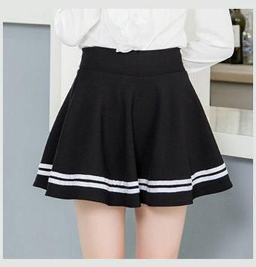 High Waist Stripes Pleated Stretchy School Mini Skirt Black