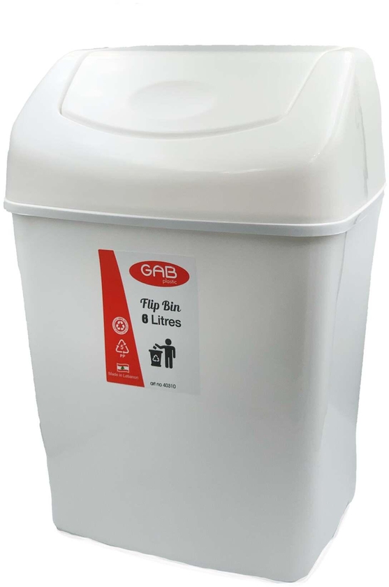 Gab Plastic Waste Bin with Swinging Lid - 8 Liters, White