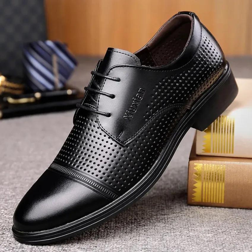 Men's Shoes Oxfords Men's leather shoes men's business breathable hollow men's casual leather shoes Korean style trendy black front lace-up men's leather shoes