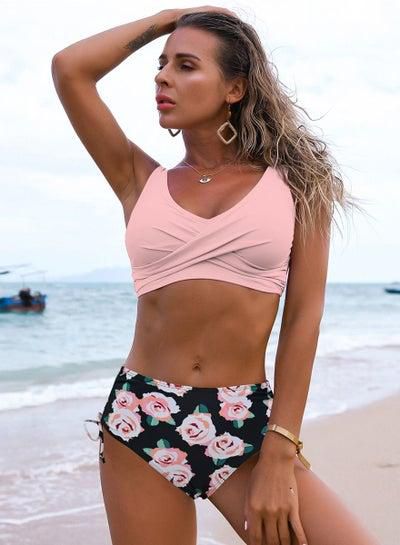 Pink And Black Flower Pattern High Waisted Solid Color Bikini Split Swimsuit Female