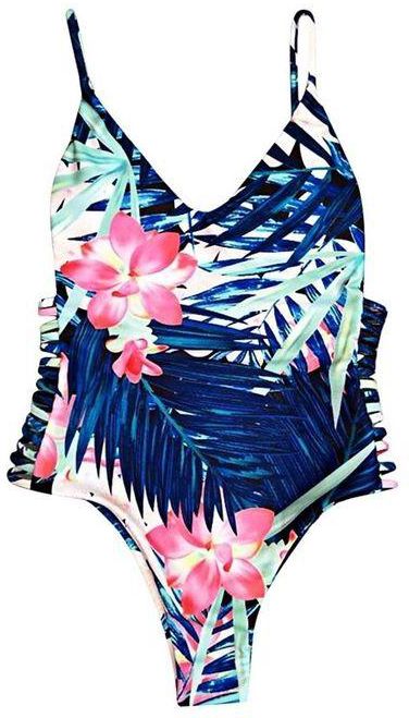 Fashion Floral Print Cut Out Swimsuit - Blue