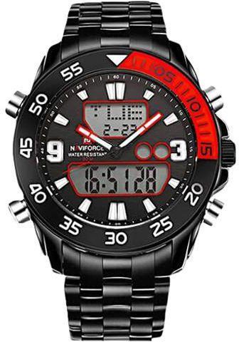Naviforce Dual Time Led Digital Men's Black Dial Metal Band Watch - NF9047-BBR