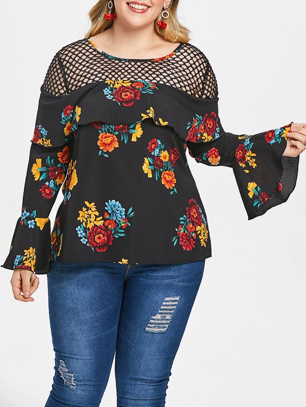 Plus Size Fishnet Panel Long Sleeves Floral Top - 2x