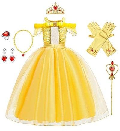 Girls Belle Princess Birthday Party Dress w/Accessories Beauty and the Beast Costume Outfits