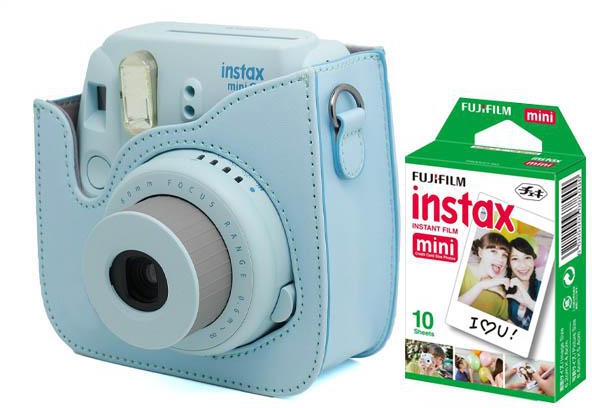 FujiFilm Instax Mini 8 Instant Film Camera + Instax Mini Film Twin Pack (10 Sheets) + PU leather Case in Blue
