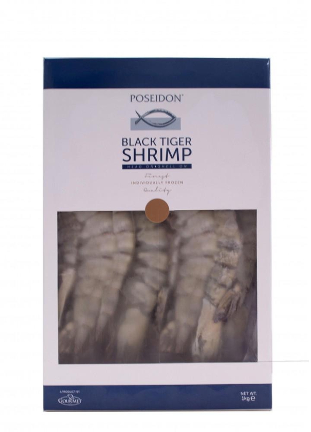 Poseidon Frozen Black Tiger Shrimp Head on Shell on, 13-15/Pack, 1kg