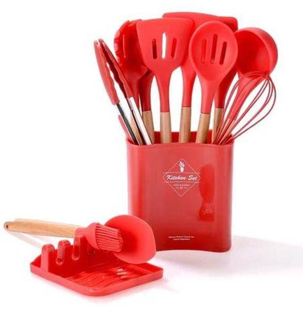 13pcs Silicone Cooking Kitchen Utensils Set, Wooden Handles Cooking Tool