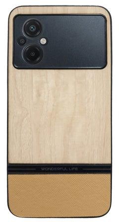Elmo3ezz Shockproof Wood Grain Skin PU and TPU Shockproof Luxury Phone Case for Poco M5 (beige)