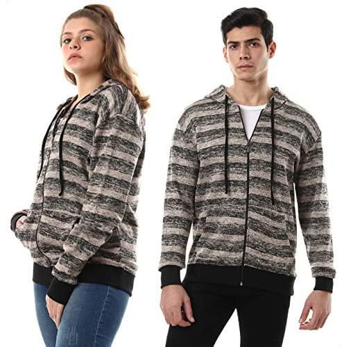 Kady Cotton Two-Tone Striped Zip-up Hooded Unisex Jacket - Beige and Black, XL