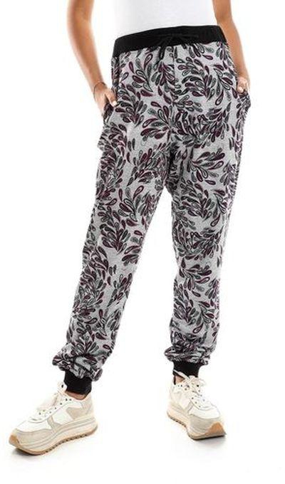 Andora Cotton Pants With Side Pockets - Heather Grey & Dark Purple