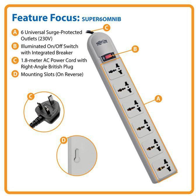 Tripp Lite 6Way Power Extension With 2m And Surge Protector.