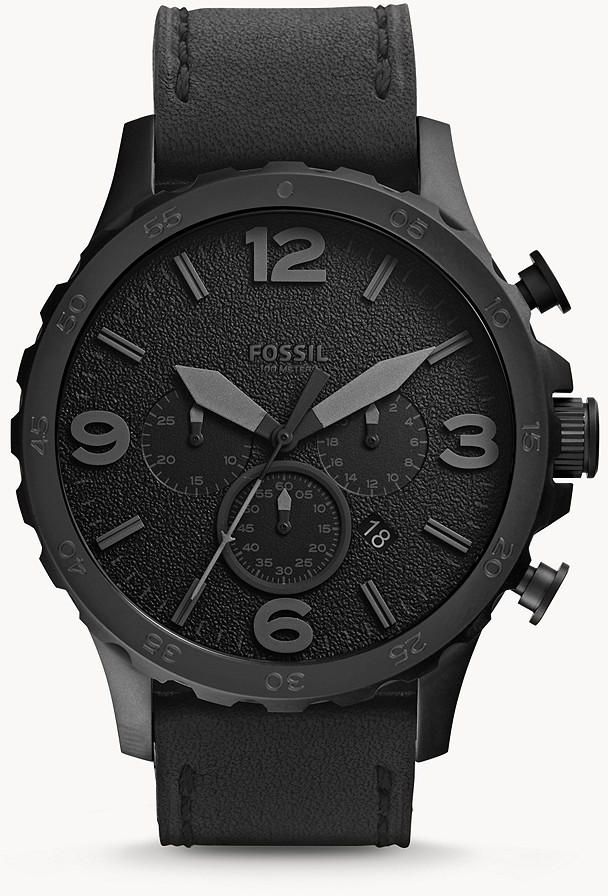 Fossil Mens Nate Ion Chronograph Leather Watch JR1354 (Black Dial)