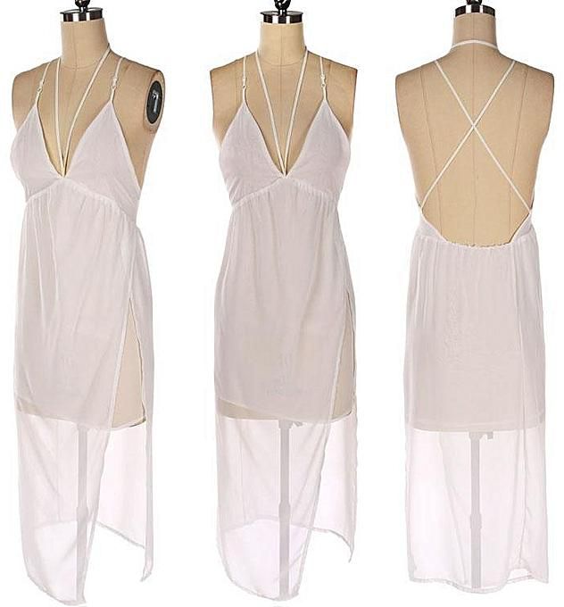 Sunweb Ladies Deep V-Neck Cross Strap Backless Side Split Beach Dress White
