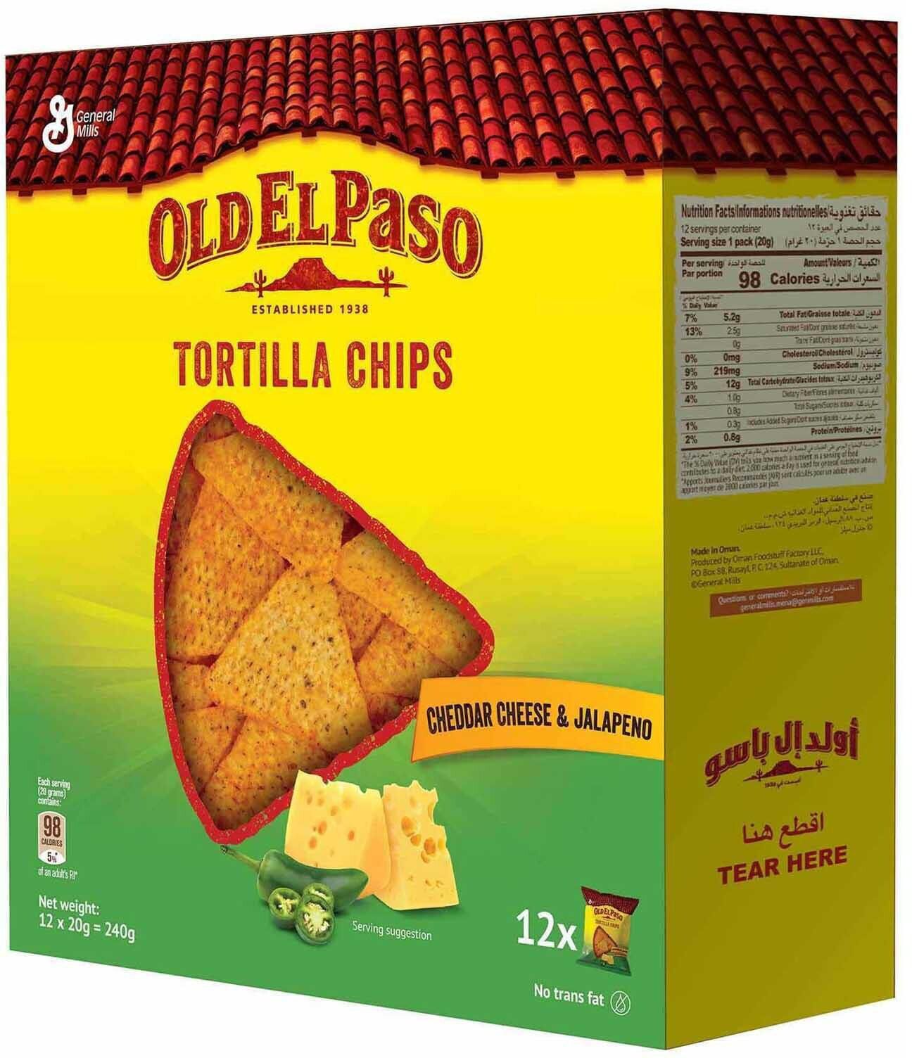 Old el paso cheddar cheese &amp; jalapeno flavour tortilla chips 20g x12