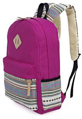 FSGS Rose Red Guapabien Ethnic Style Floral Embroidery Striped Canvas Portable Backpack For Girls 21531