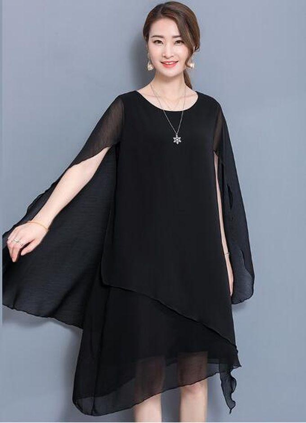 Fashion Chiffon Cape Dress E Formal Dinner Dresses For Women Plus Size 4xl 5xl Summer Robe Party Noble Red Clothing-black