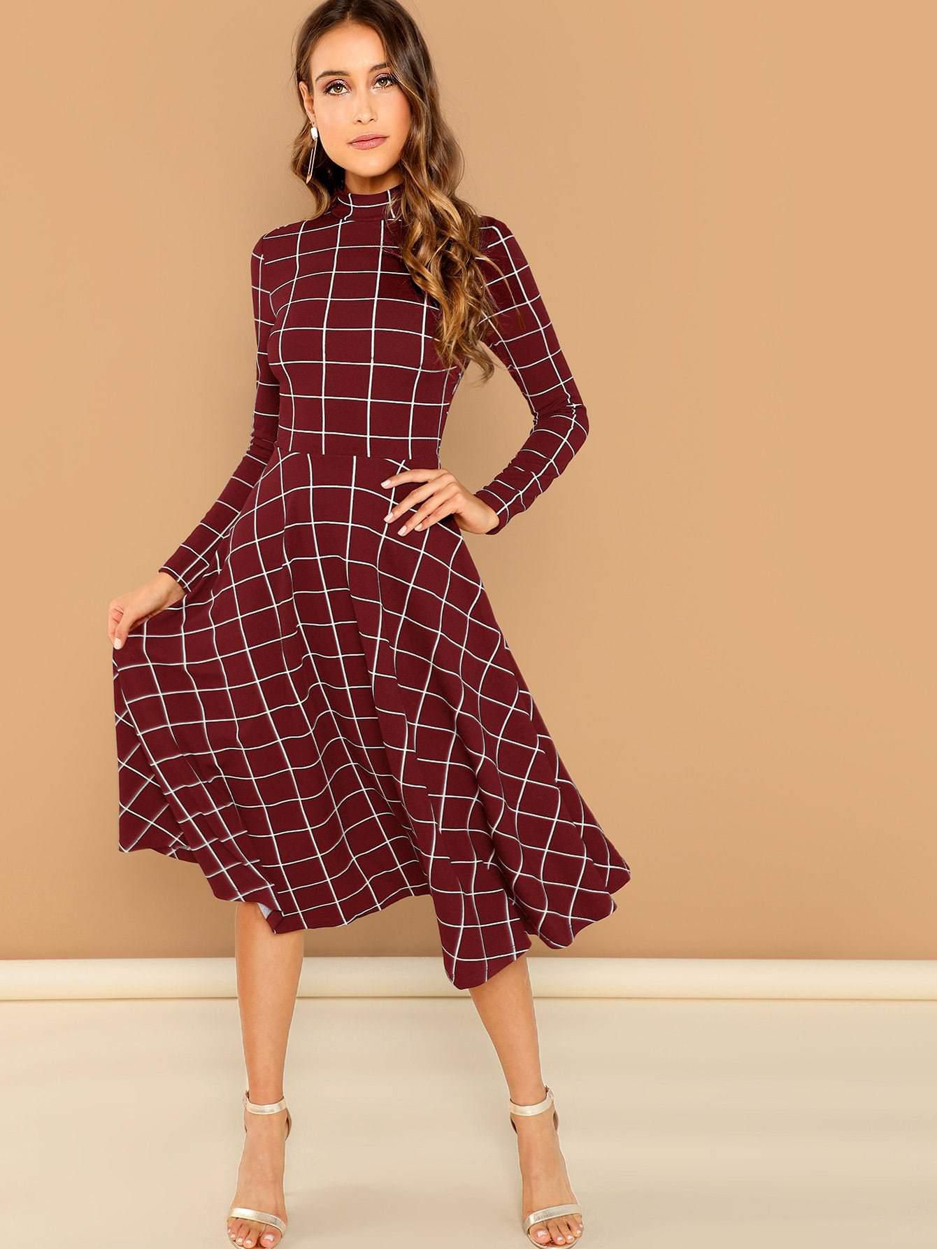 SHEIN | Mock-neck Fit & Flare Grid Dress