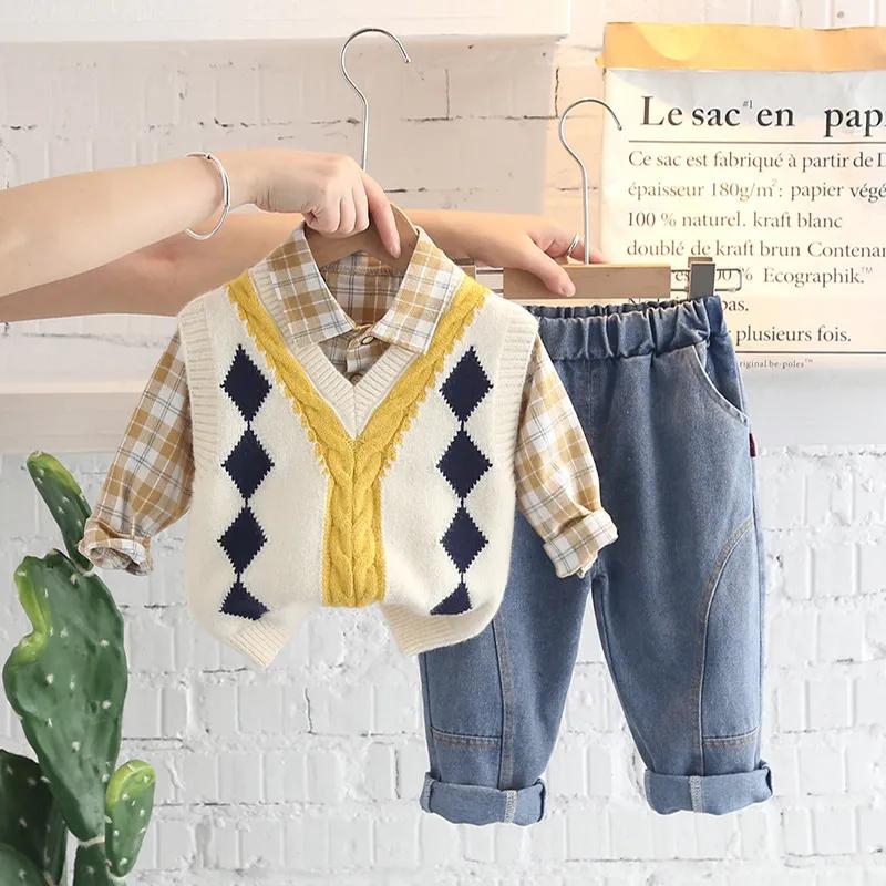 3 Piece Boy' s sweater vest Shirt Jeans Children Wear Boys' Spring Autumn Suit Children'S Cardigan Three Piece Set