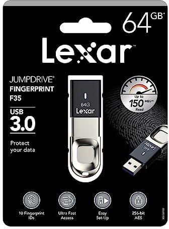 Lexar LJDF35-64GBNL Jumpdrive Fingerprint F35 64 GB USB 3.0 Flash Drive, Black/Silver