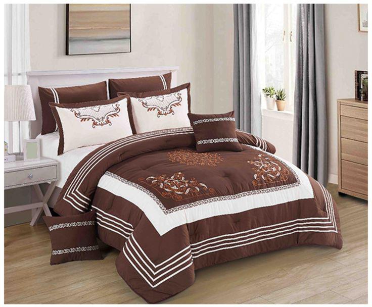 8-Piece Comforter Set Microfibre Brown/White 250 X 230 centimeter