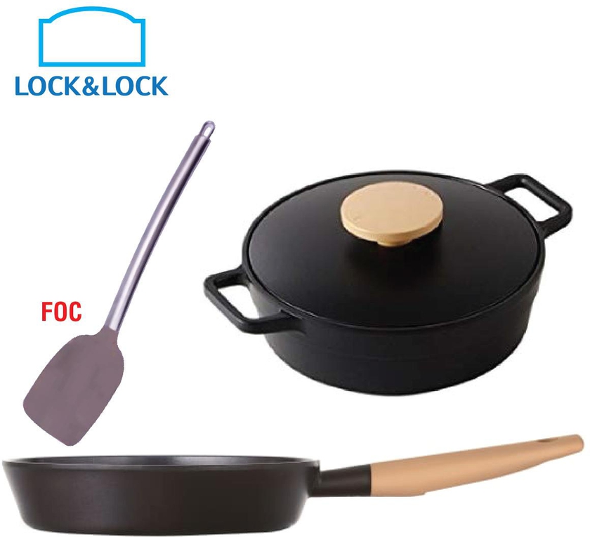 Lock &amp; Lock Cookplus Minimal 24cm Casserole+ 24cm Fry Pan +Chefology Turner (Black)