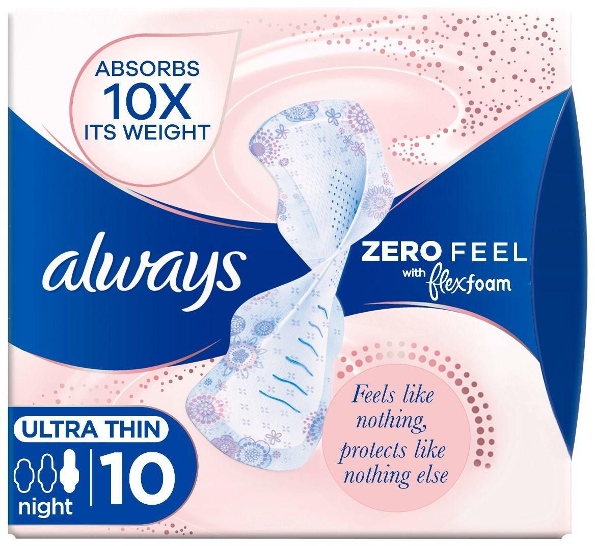 Always Zero Feel Sanitary Pads, Night, Ultra Thin, Absorbs 10X Its Weight - 10 Pcs