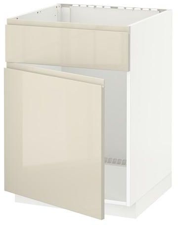 METOD Base cabinet f sink w door/front, white, Voxtorp high-gloss light beige
