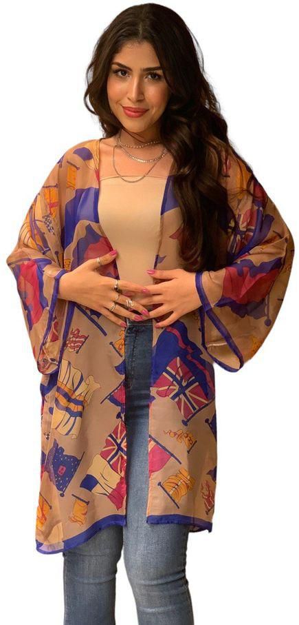 Blouse Barn Chiffon Flags Print Kimono