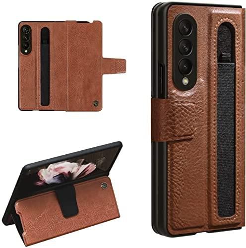 Nillkin Galaxy Z Fold 3 5G Case with S Pen holder - Premium Faux Leather Wallet Case Flip Cover with Card Slots Closure Kickstand【Support wireless charging】 (Brown)