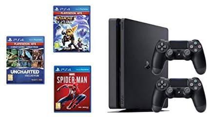 Sony PlayStation 4 Slim 500 GB Console with Two DualShock 4 Controllers with 3 Games: Ratchet & Clank, Spiderman, Uncharted Collection with 3 Months PSN+ Subscription