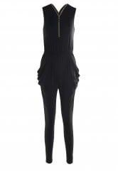 Stylish Plunging Neck Sleeveless Zipper and Pocket Design Women's Black Jumpsuit