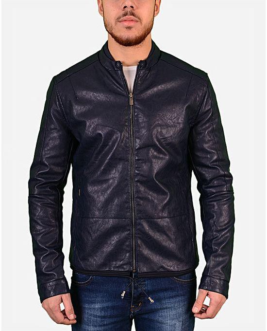Town Team Leather Zipped Up Jacket – Navy Blue