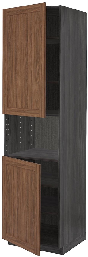METOD High cab f micro w 2 doors/shelves - black Enköping/brown walnut effect 60x60x220 cm