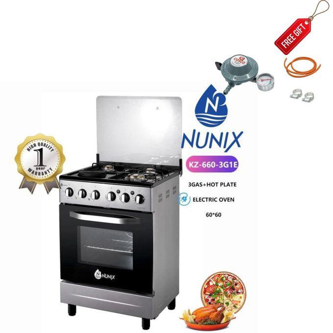 Nunix 60 X 60 CM Standing Cooker 3Gas + 1 Electric Hotplate ,Automatic iGNITION with Electric Oven Glass Top Cover - Silver