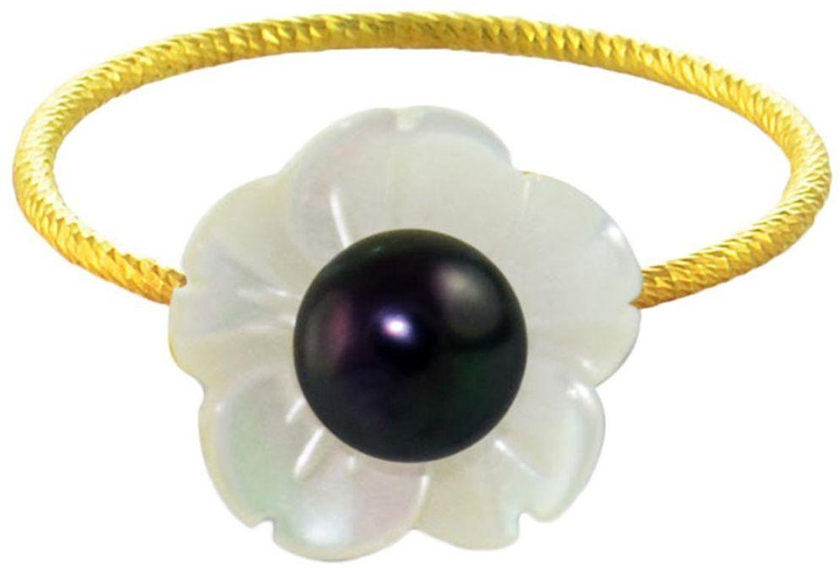 Vera Perla 18k Gold, Delicate 4mm Black Pearl Flower Shell Ring