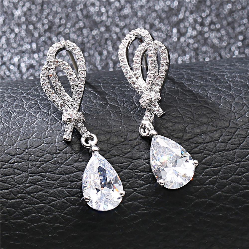 Bow Knot Drop Shape Zircon Earring (Diamond White)