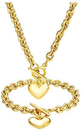 W/W Lifetime Heart Chain Necklace + Heart Bracelet for Women Girls Love Charm Toggle Chain Jewelry Set Stainless Steel 18K Gold/Silver Valentines Gifts