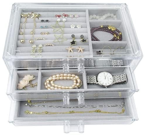 Acrylic Jewelry Box Organizer with 3 Drawers,Jewelry Organizer Velvet Jewelry Box Clear Jewelry Display Case for Women Earring Rings Bangle Bracelet and Necklace Holder Storage