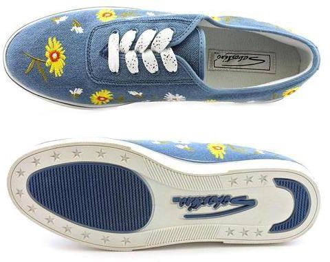 Sebastino Cat Narrow Athletic Sneakers Shoes Blue With Yellow Flower DBS10490