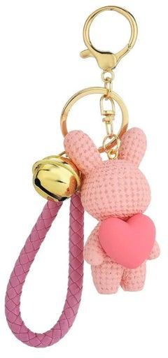 Resin Rabbit with a Bell Keychain, Cartoon Knitting Wool Bunny Holding Heart Pendant, Car Handbag Backpack Purse Key Chain Gift for Boys Girls Teens Kids, Pink, 1 Pcs